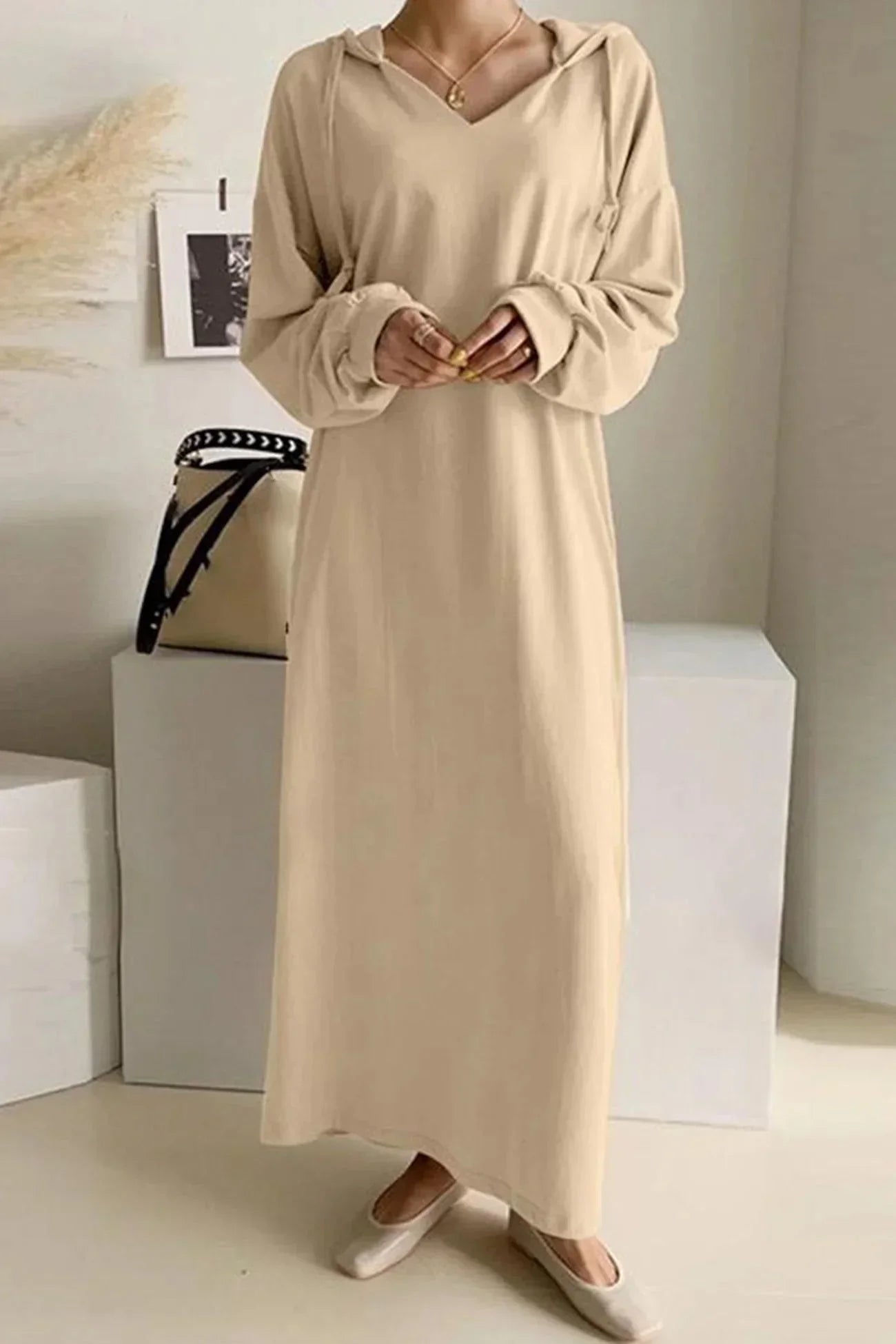 Hooded Drawstring V-Neck Dress